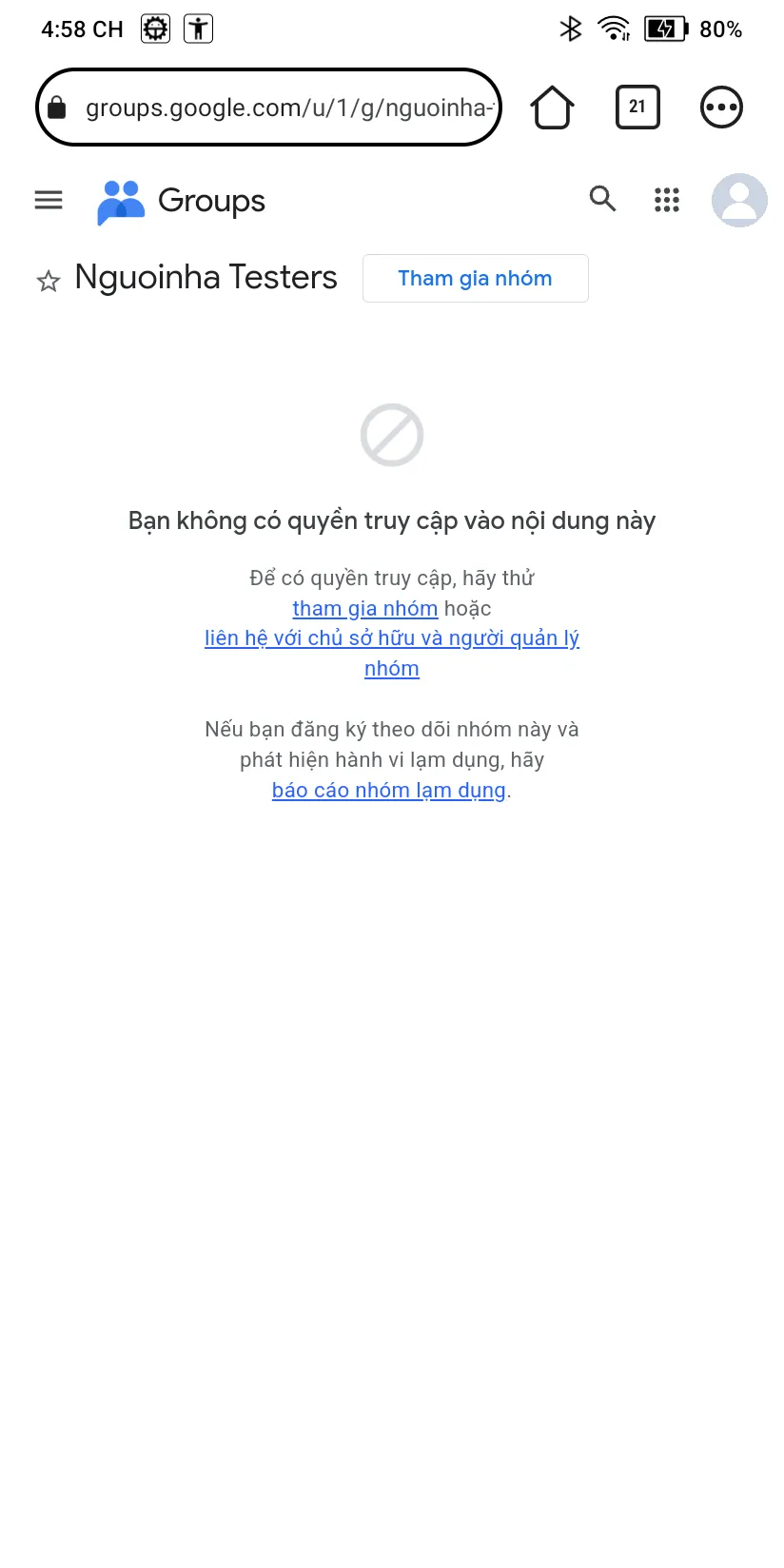 Trang nhóm nguoinha-testers với nút Tham gia nhóm