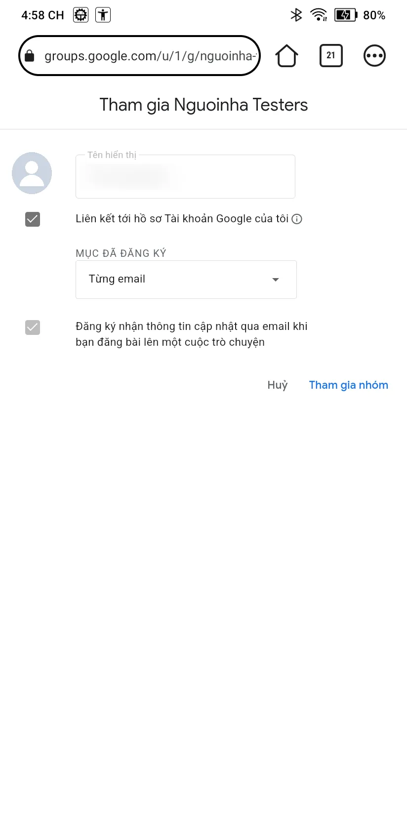 Hộp xác nhận tham gia nhóm