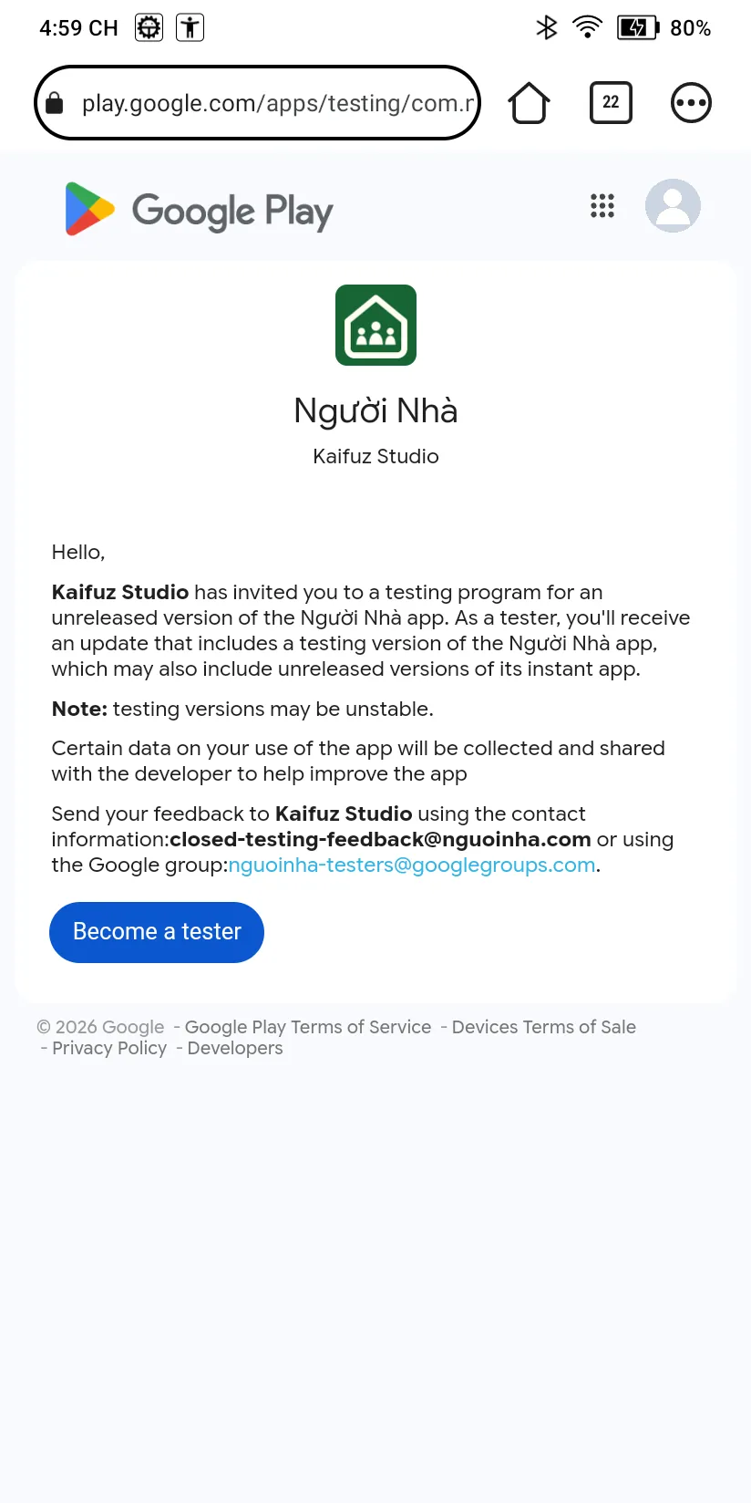 Trang thử nghiệm Người Nhà với nút Become a tester