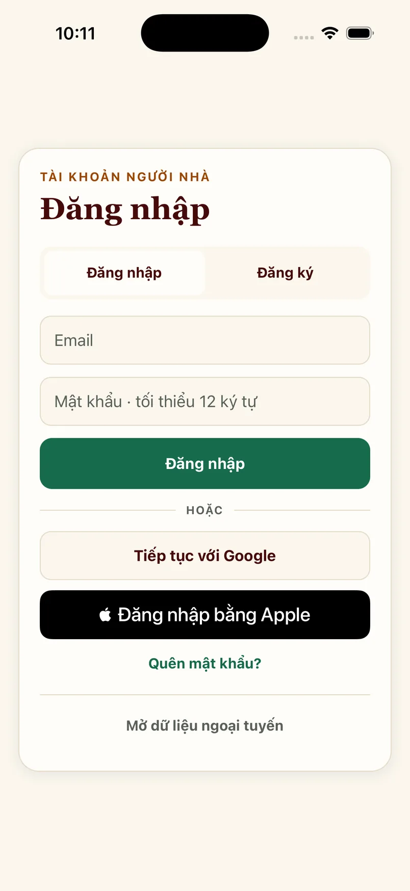 Màn hình đăng nhập Người Nhà