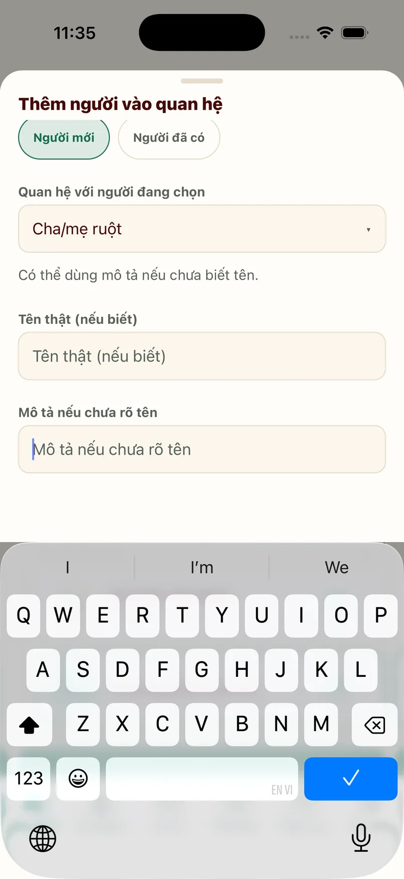 Bảng thêm người thân với lựa chọn quan hệ