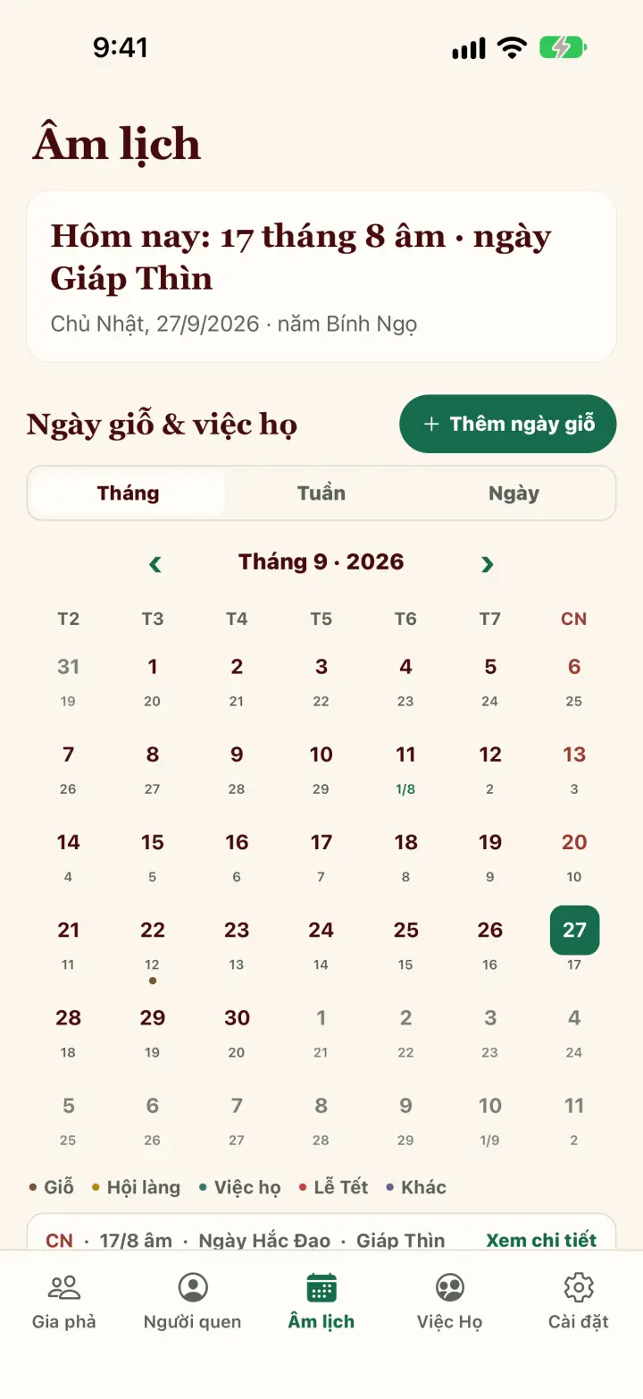 Lunar tab with today's lunar date, auspicious hours and solar term