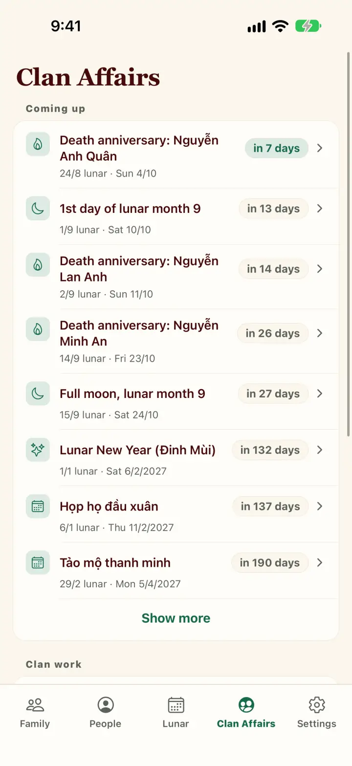 Clan Affairs tab opening on Coming up: giỗ, full moon, first day of the month, Tết and clan events