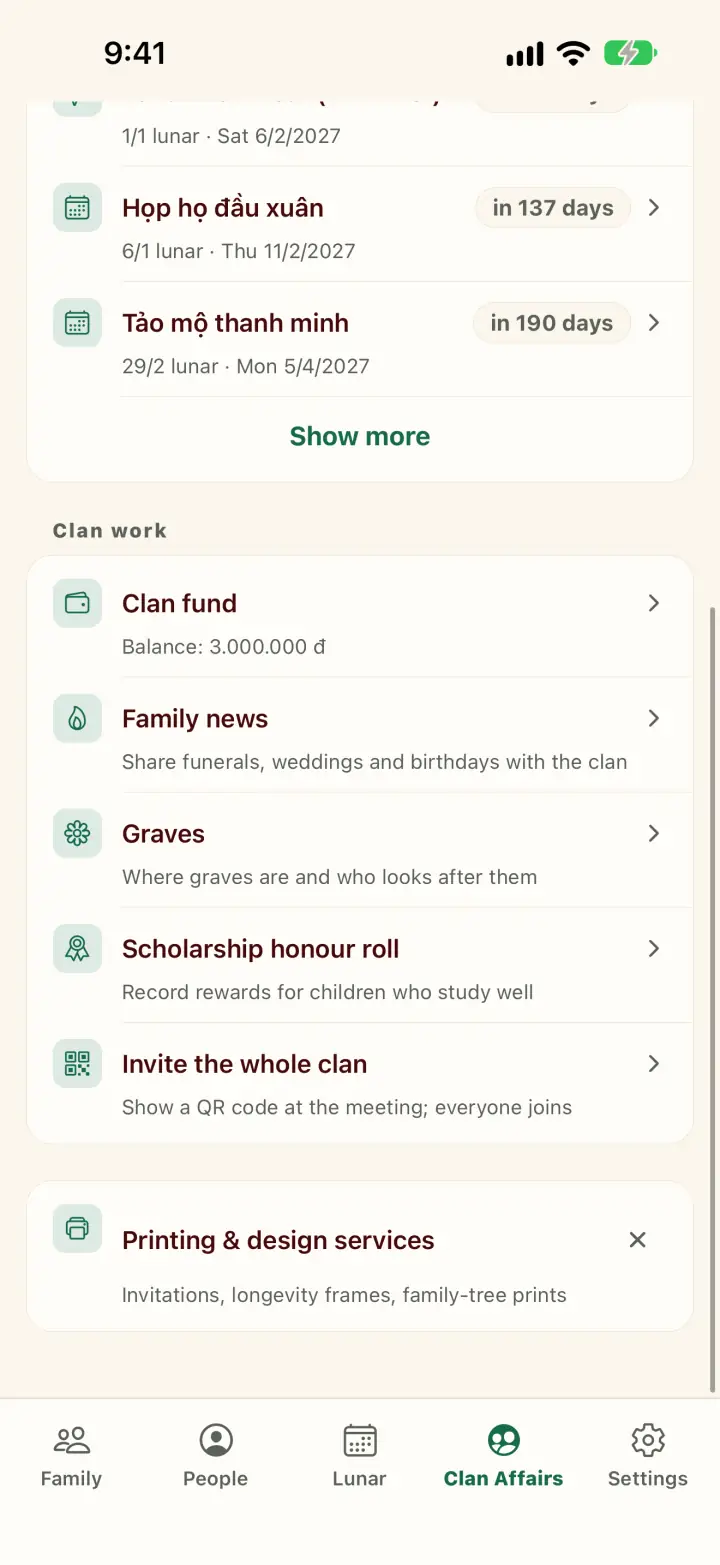 Clan work: Clan fund, Family news, Graves, Scholarship honour roll, Invite the whole clan and Printing & design services