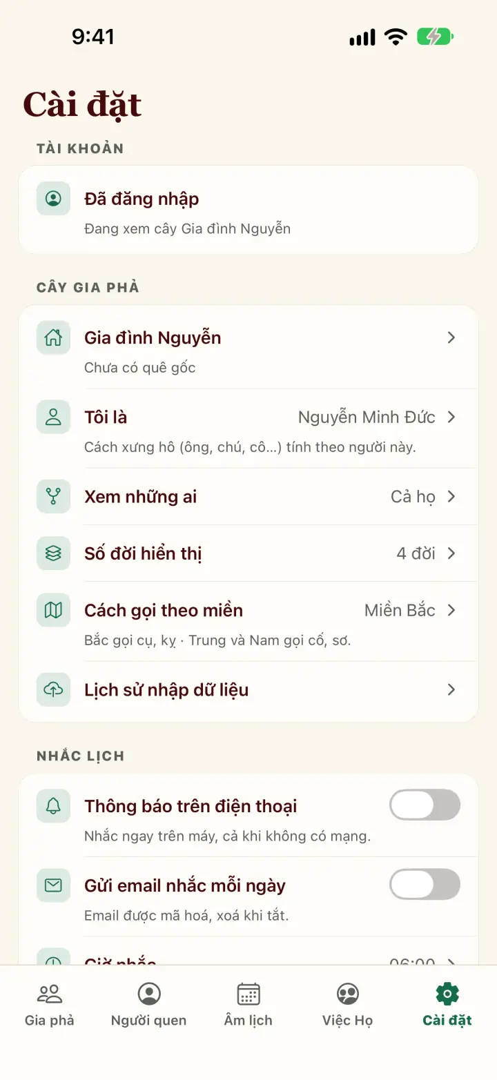 Settings with the I am row and regional terms