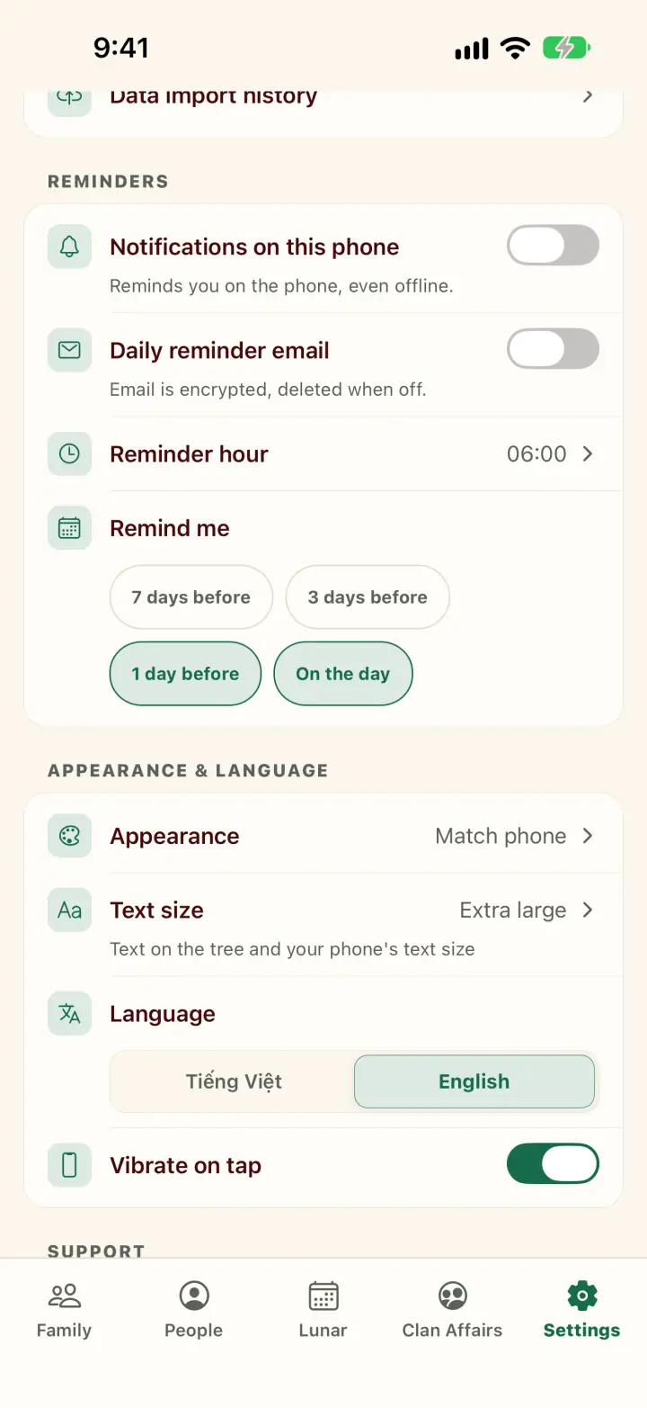 Settings, appearance and language section