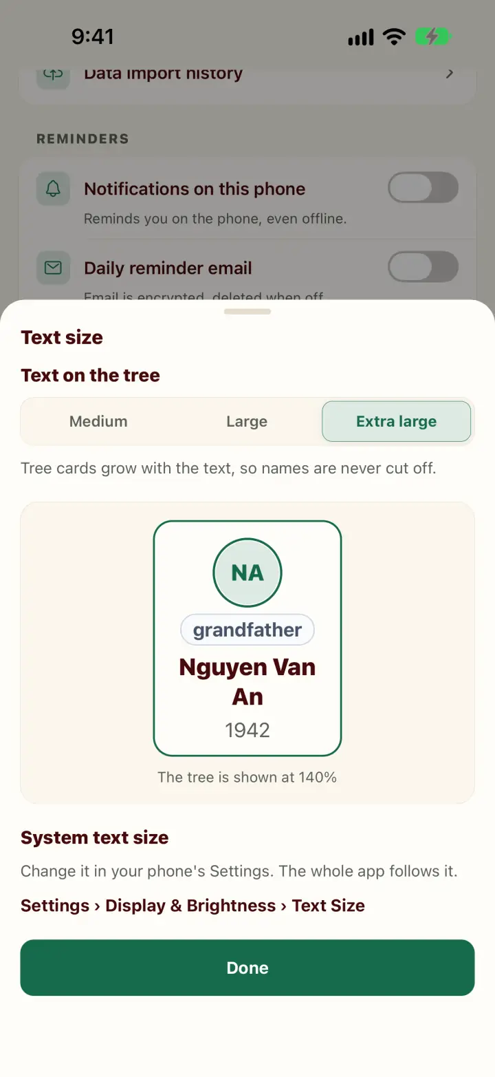 Text size sheet with Medium, Large, Extra large