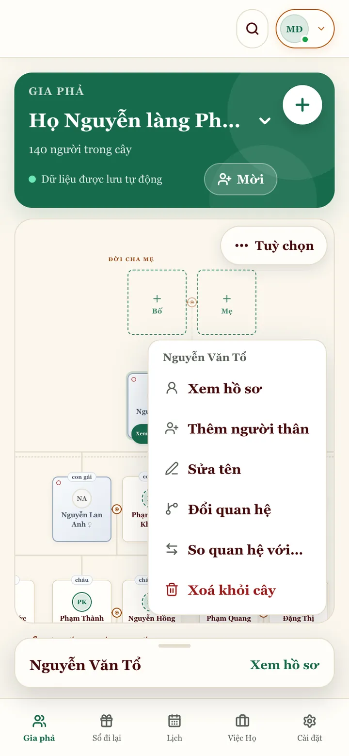 Menu ••• của một thẻ: Xem hồ sơ, Thêm người thân, Sửa tên, Đổi quan hệ, So quan hệ với…, Xoá khỏi cây