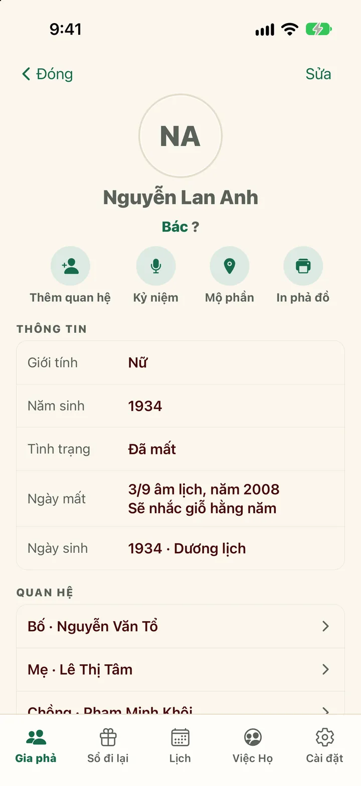 Hồ sơ một người: quan hệ Bác, các nút Thêm quan hệ, Kỷ niệm, Mộ phần, In phả đồ, thông tin và ngày mất