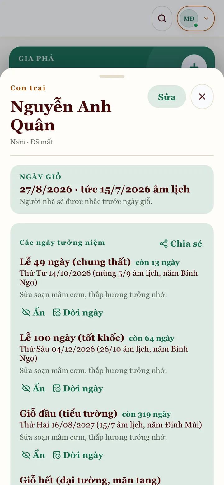 Thẻ Các ngày tưởng niệm: Lễ 49 ngày, Lễ 100 ngày, Giỗ đầu, Giỗ hết, nút Ẩn, Dời ngày và Chia sẻ