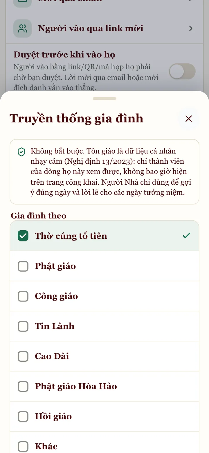 Bảng Truyền thống gia đình: Thờ cúng tổ tiên, Phật giáo, Công giáo, Tin Lành, Cao Đài…