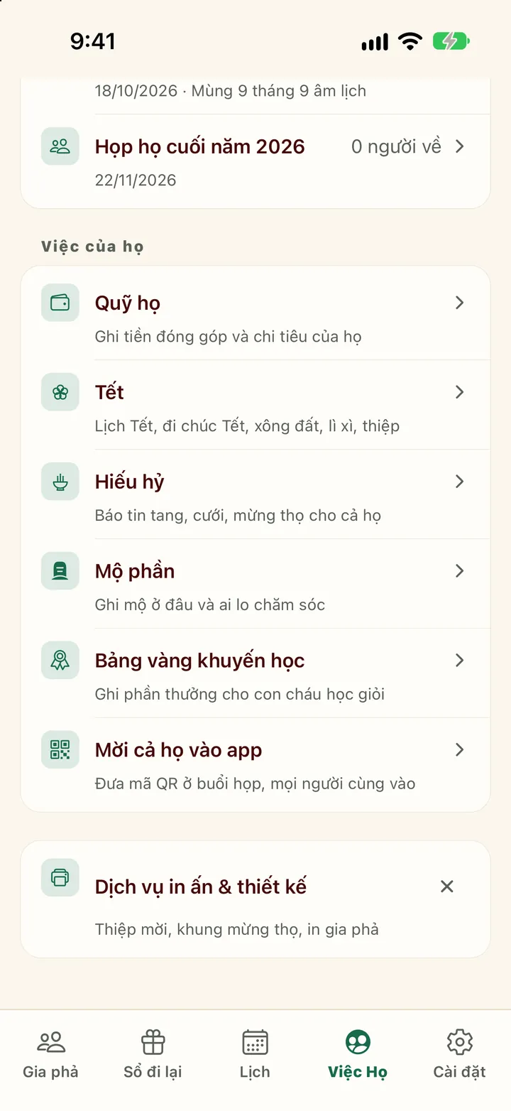 Phần Việc của họ: Quỹ họ, Tết, Hiếu hỷ, Mộ phần, Bảng vàng khuyến học, Mời cả họ vào app và Dịch vụ in ấn