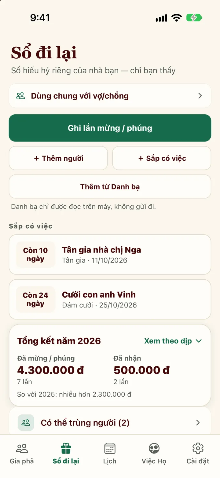 Tab Sổ đi lại: ghi lần mừng, phúng, việc sắp có và tổng kết năm — sổ riêng chỉ mình bạn thấy