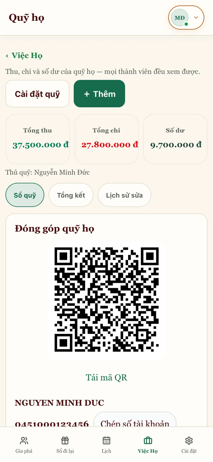 Trang Quỹ họ: Tổng thu, Tổng chi, Số dư, tab Sổ quỹ, Tổng kết, Lịch sử sửa và phần Đóng góp quỹ họ với mã QR chuyển khoản