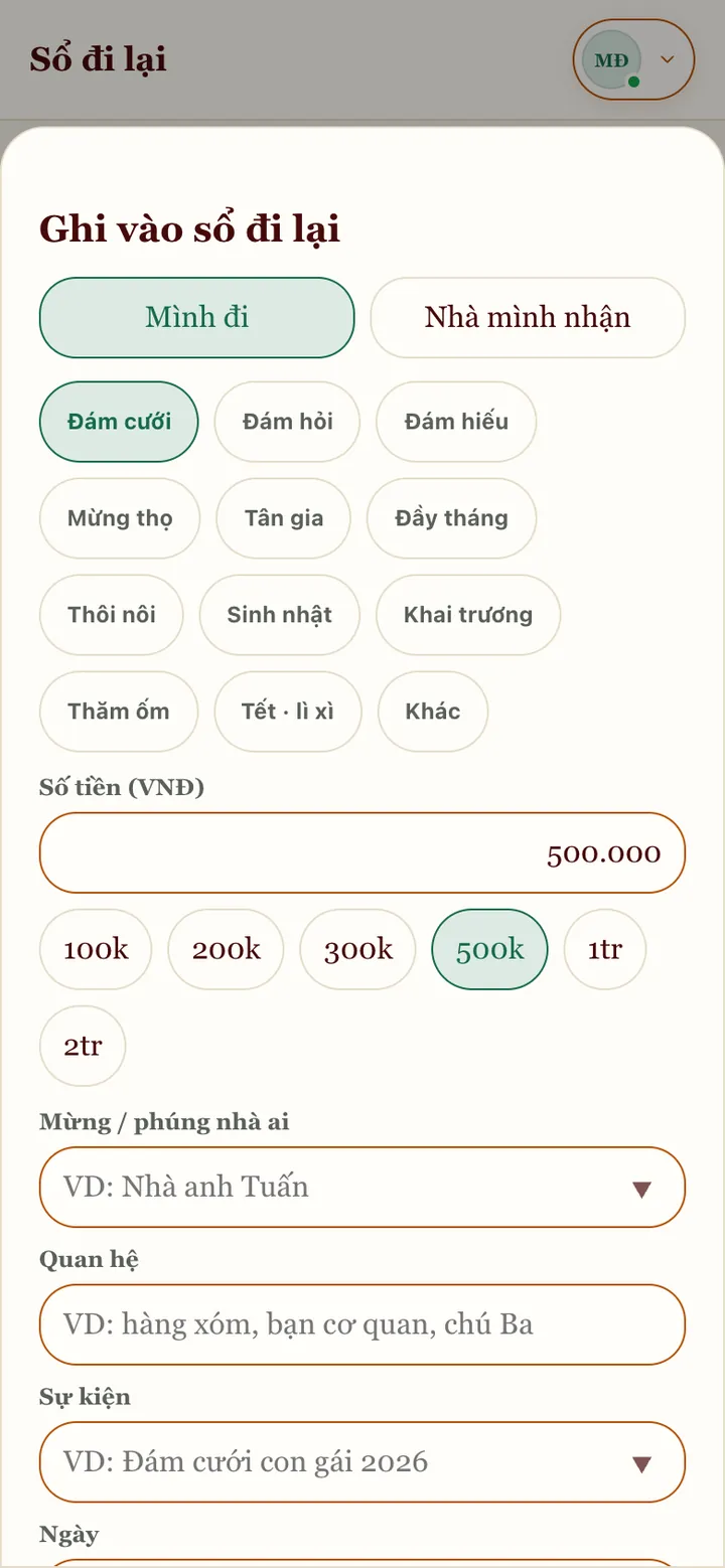 Bảng Ghi vào sổ đi lại: Mình đi, Nhà mình nhận, các dịp Đám cưới, Đám hiếu, Mừng thọ, số tiền