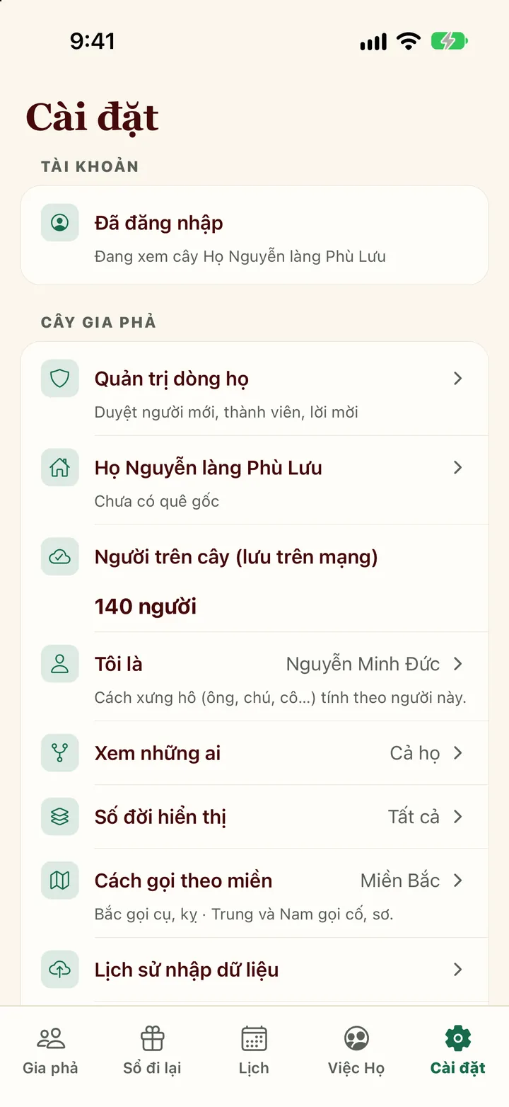 Màn Cài đặt với dòng Tôi là và Cách gọi theo miền