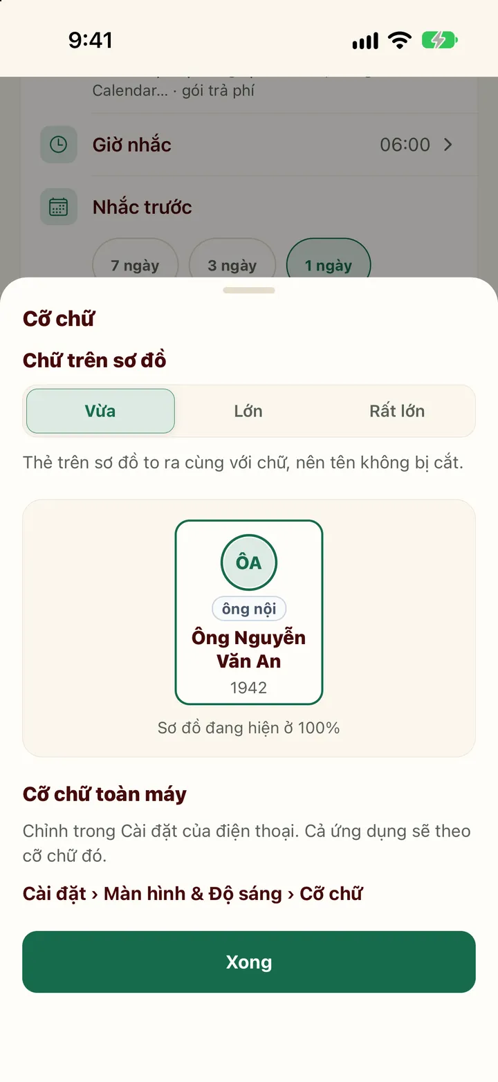 Bảng chọn cỡ chữ Vừa, Lớn, Rất lớn